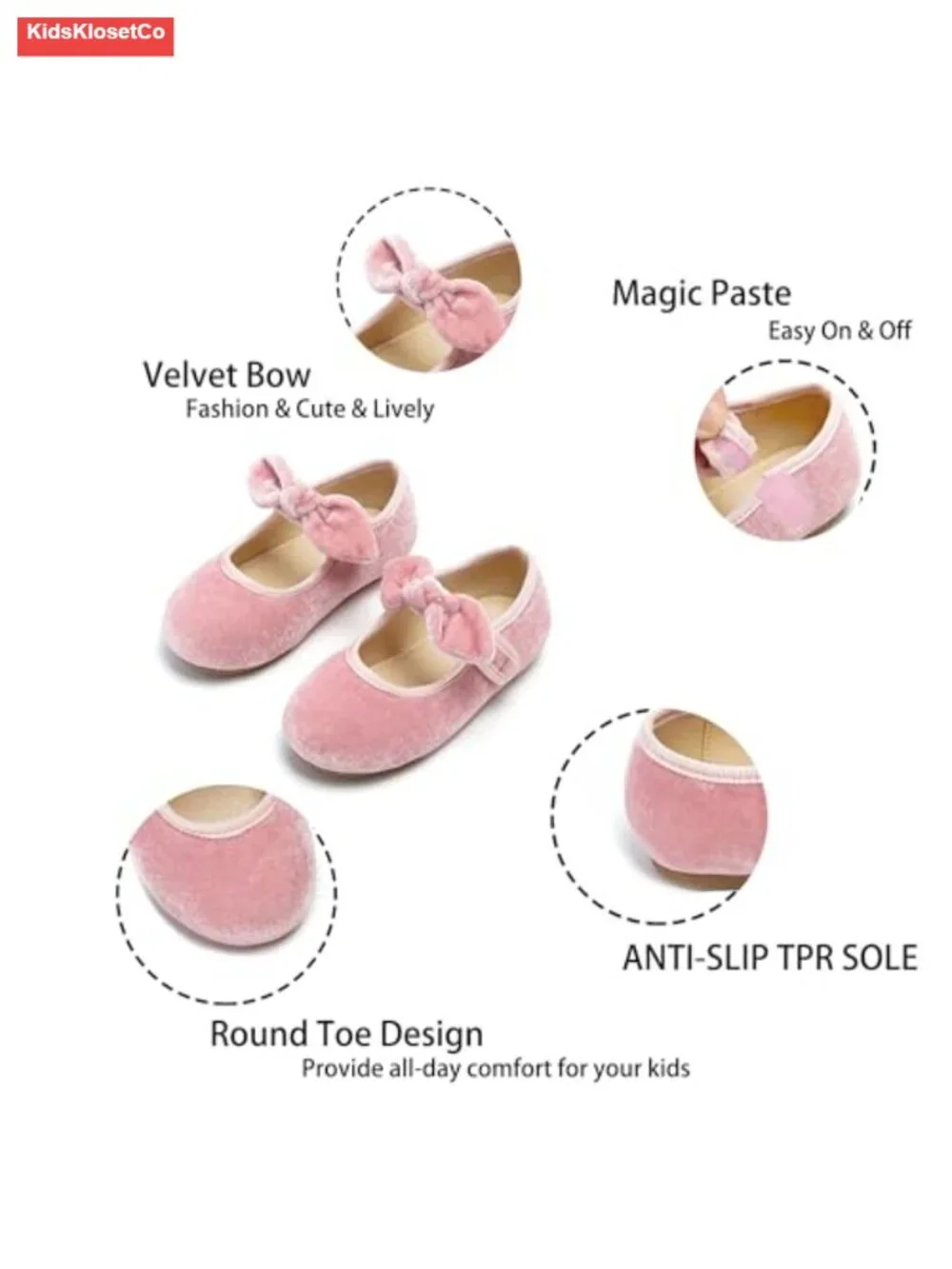 Girls Mary Jane Flats - Velvet Bow Ballet Shoes Hook & Loop